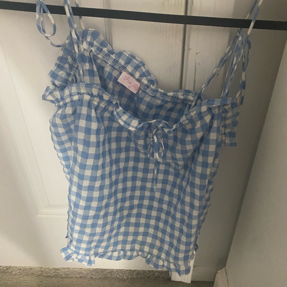Pink Lily Blue Ruffled Tie Front Camisole